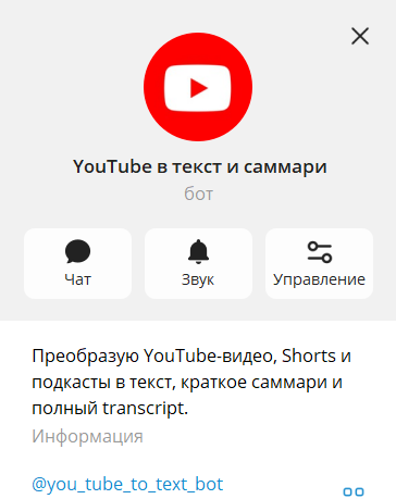 Описание Telegram-бота YouTube в текст и саммари